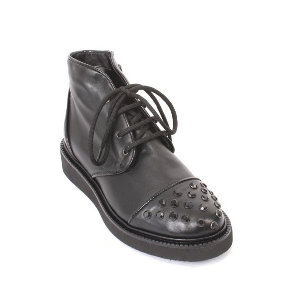 Isabelle 100k Black Leather Fleece Lace Zip Wedge Ankle Boots